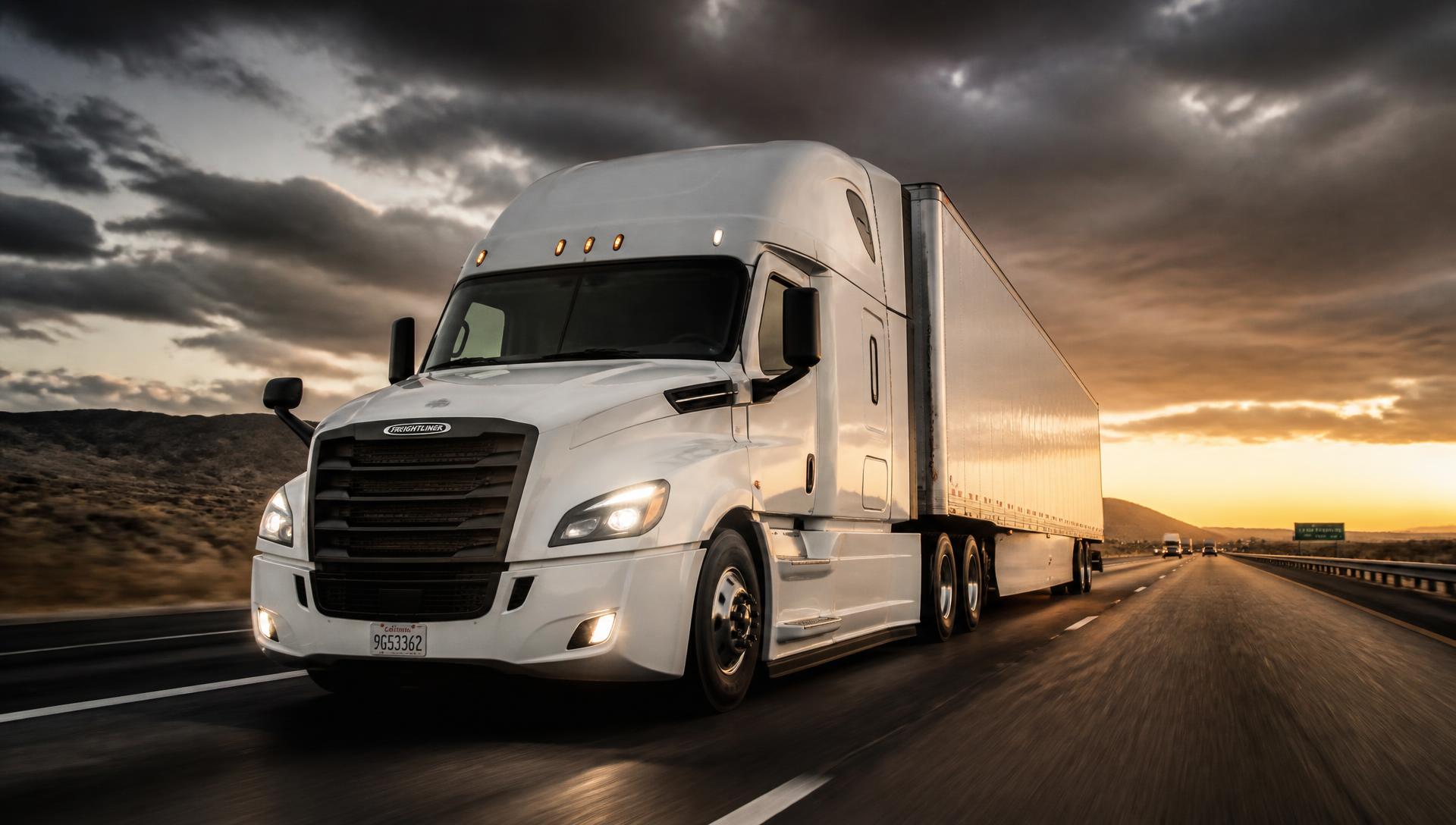Maas Logistics Freightliner Cascadia hauling a dry van trailer on a North Texas interstate at sunset